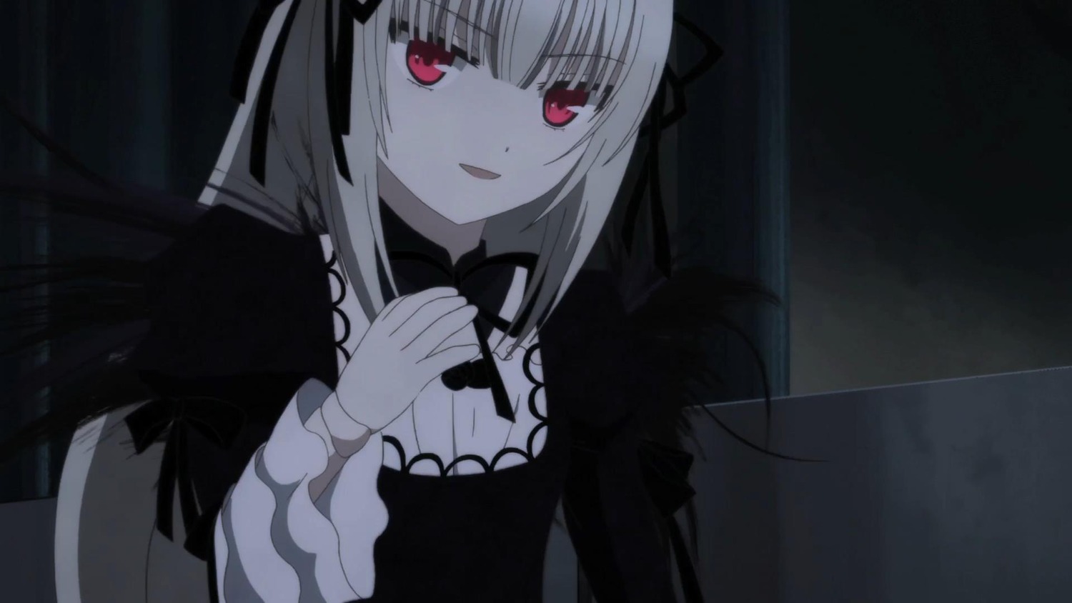 1girl :d bangs black_dress black_wings breasts dress eyebrows_visible_through_hair gothic_lolita hair_ribbon image lolita_fashion long_hair long_sleeves looking_at_viewer open_mouth red_eyes ribbon smile solo suigintou upper_body