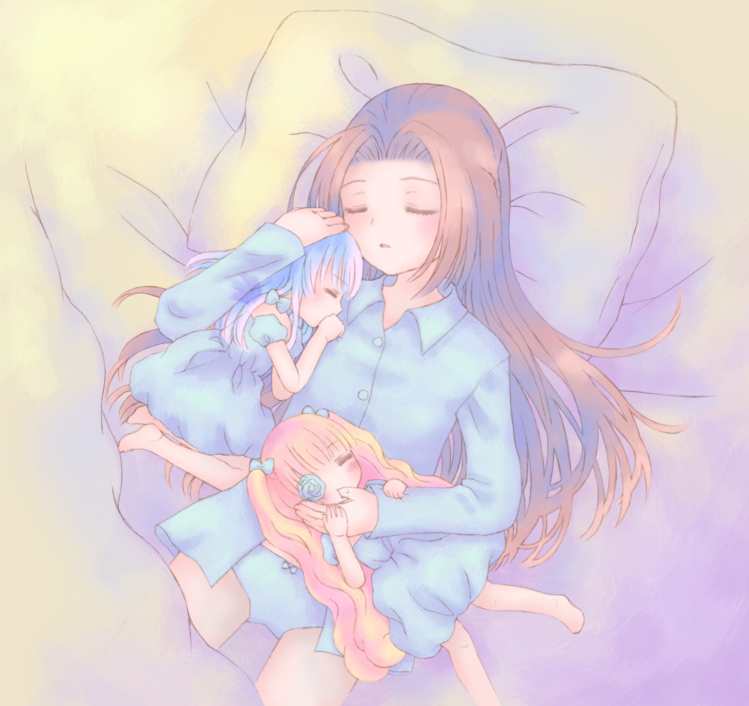 3girls ahoge barefoot blue_hair closed_eyes image kakizaki_megu kirakishou long_hair multiple_girls pair pajamas pillow pink_hair sleeping striped suigintou