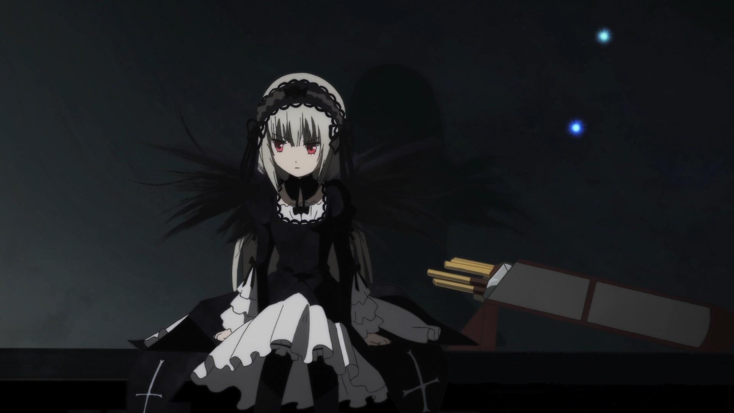 1girl black_dress chair closed_mouth dress frills hairband image long_hair long_sleeves looking_at_viewer red_eyes ribbon rose silver_hair sitting solo suigintou wings