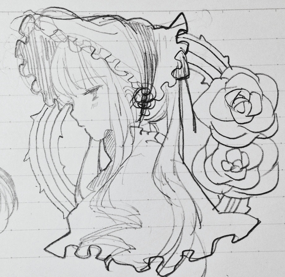 1girl closed_eyes dress flower greyscale image long_hair monochrome photo profile rose shinku sketch smile solo traditional_media upper_body