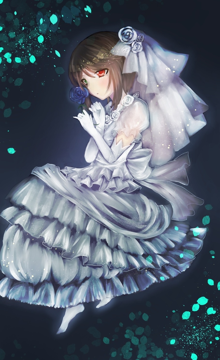 1girl blue_flower blue_rose bridal_veil bride brown_hair dress elbow_gloves flower gloves heterochromia image red_eyes rose short_hair solo souseiseki veil wedding_dress