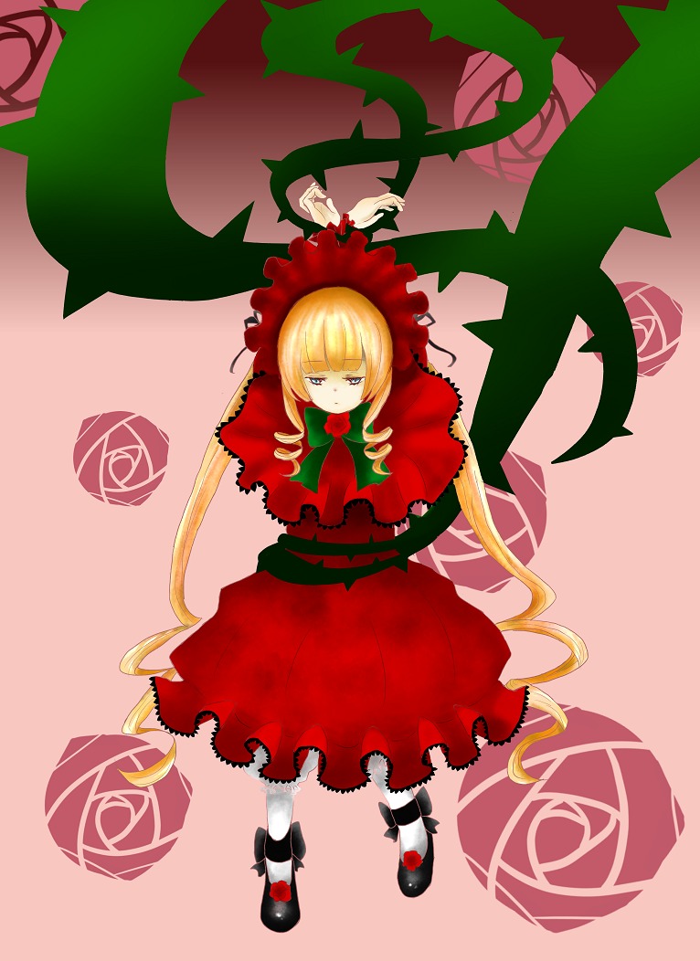 1girl blonde_hair blue_eyes bonnet bow bowtie dress flower full_body image long_hair long_sleeves red_flower red_rose rose shinku shoes solo standing twintails