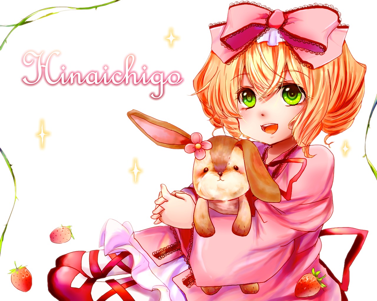 1girl apple blonde_hair bow dress food fruit green_eyes hair_bow hina_ichigo hinaichigo image object_namesake open_mouth pink_bow pink_dress ribbon short_hair smile solo sparkle strawberry strawberry_print striped stuffed_animal