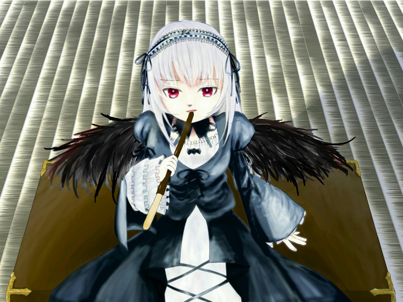 1girl black_ribbon black_wings dress feathered_wings flower frills hairband long_hair long_sleeves looking_at_viewer puffy_sleeves red_eyes ribbon rose silver_hair solo suigintou wings