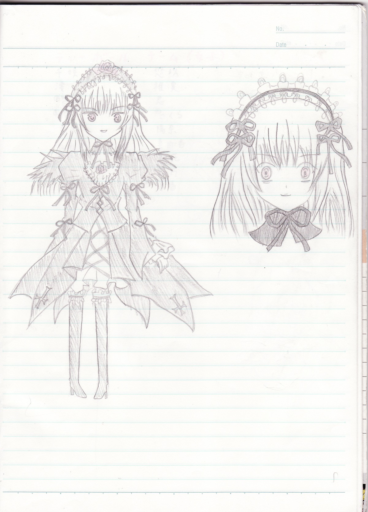 1girl dress eyebrows_visible_through_hair frills full_body greyscale hairband image long_hair long_sleeves looking_at_viewer monochrome ribbon smile solo standing suigintou traditional_media wings