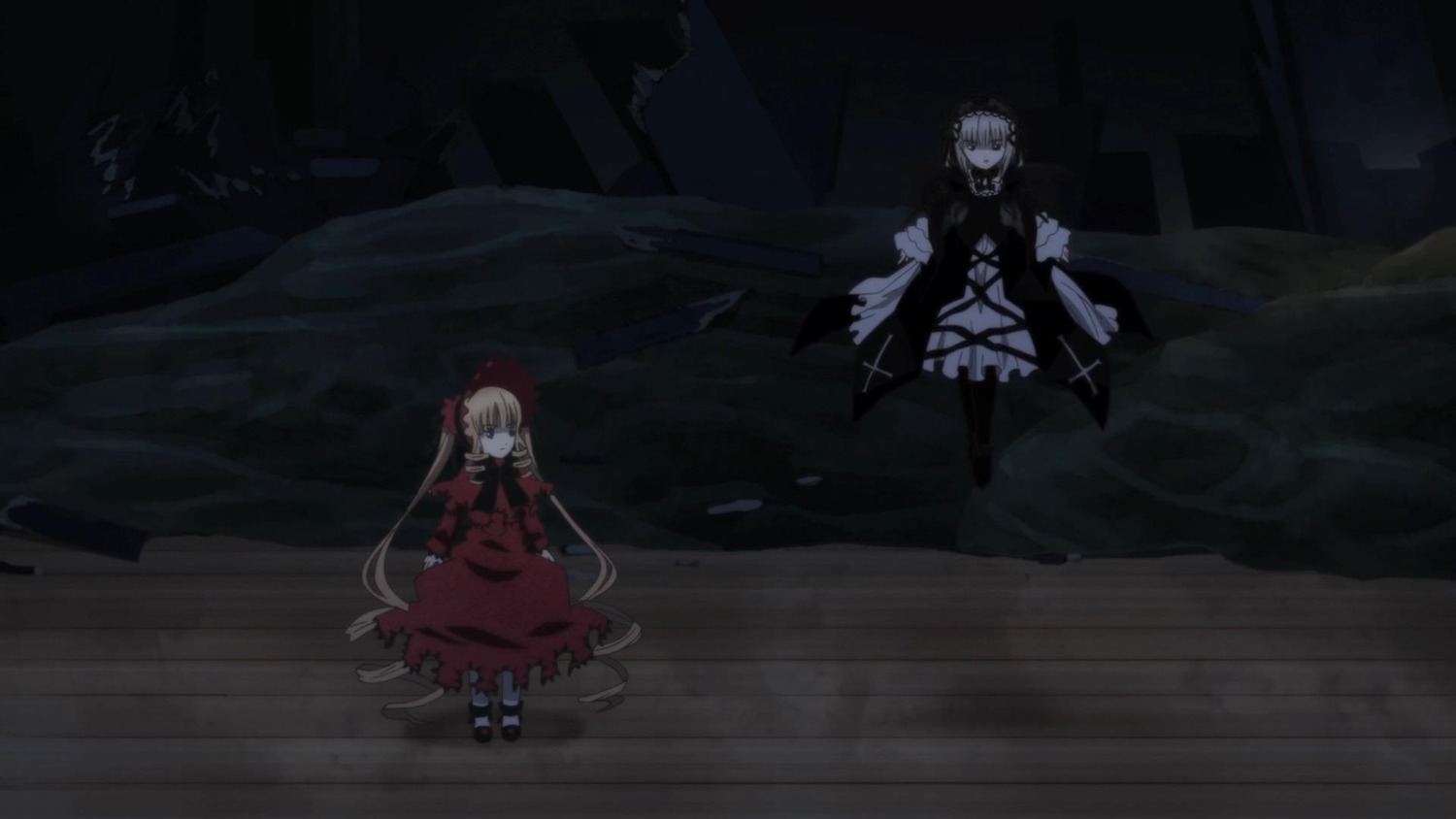 2girls blonde_hair bow dress image long_hair multiple_girls pair red_dress shinku standing suigintou very_long_hair