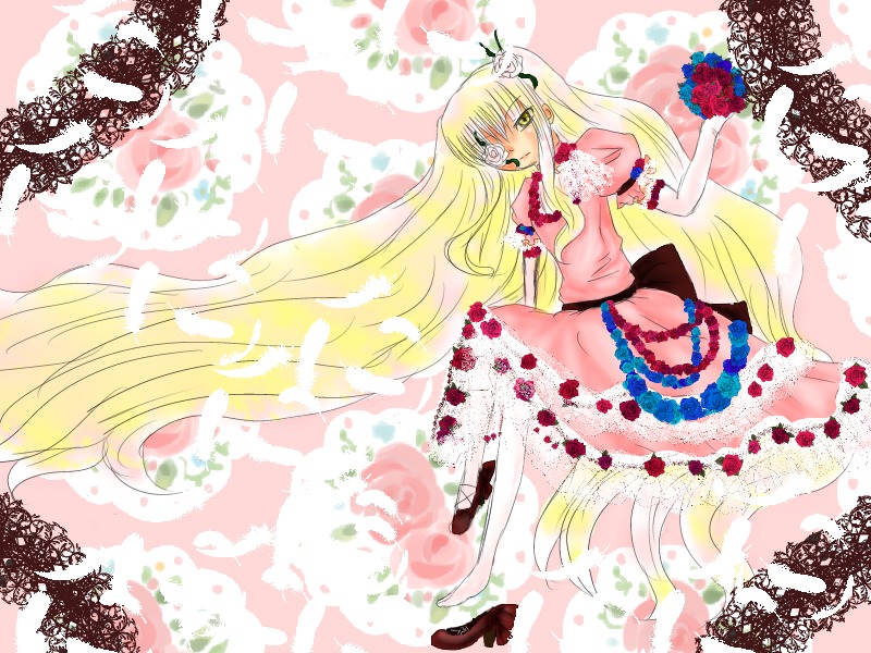 1girl blonde_hair dress eyepatch flower frills gloves image kirakishou long_hair rose shoes solo very_long_hair yellow_eyes