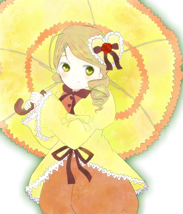 1girl blonde_hair blush dress drill_hair flower frills hat holding holding_umbrella image kanaria long_hair long_sleeves looking_at_viewer parasol ribbon smile solo twin_drills umbrella yellow_dress