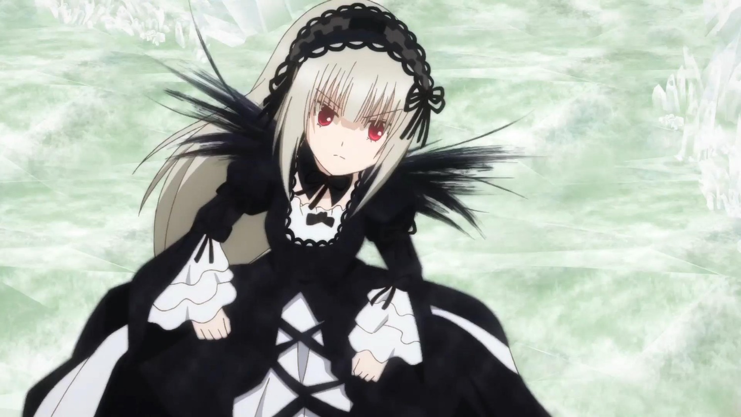 1girl bangs black_dress black_ribbon black_wings closed_mouth dress frills hairband image long_hair long_sleeves looking_at_viewer red_eyes ribbon silver_hair solo suigintou very_long_hair water wings