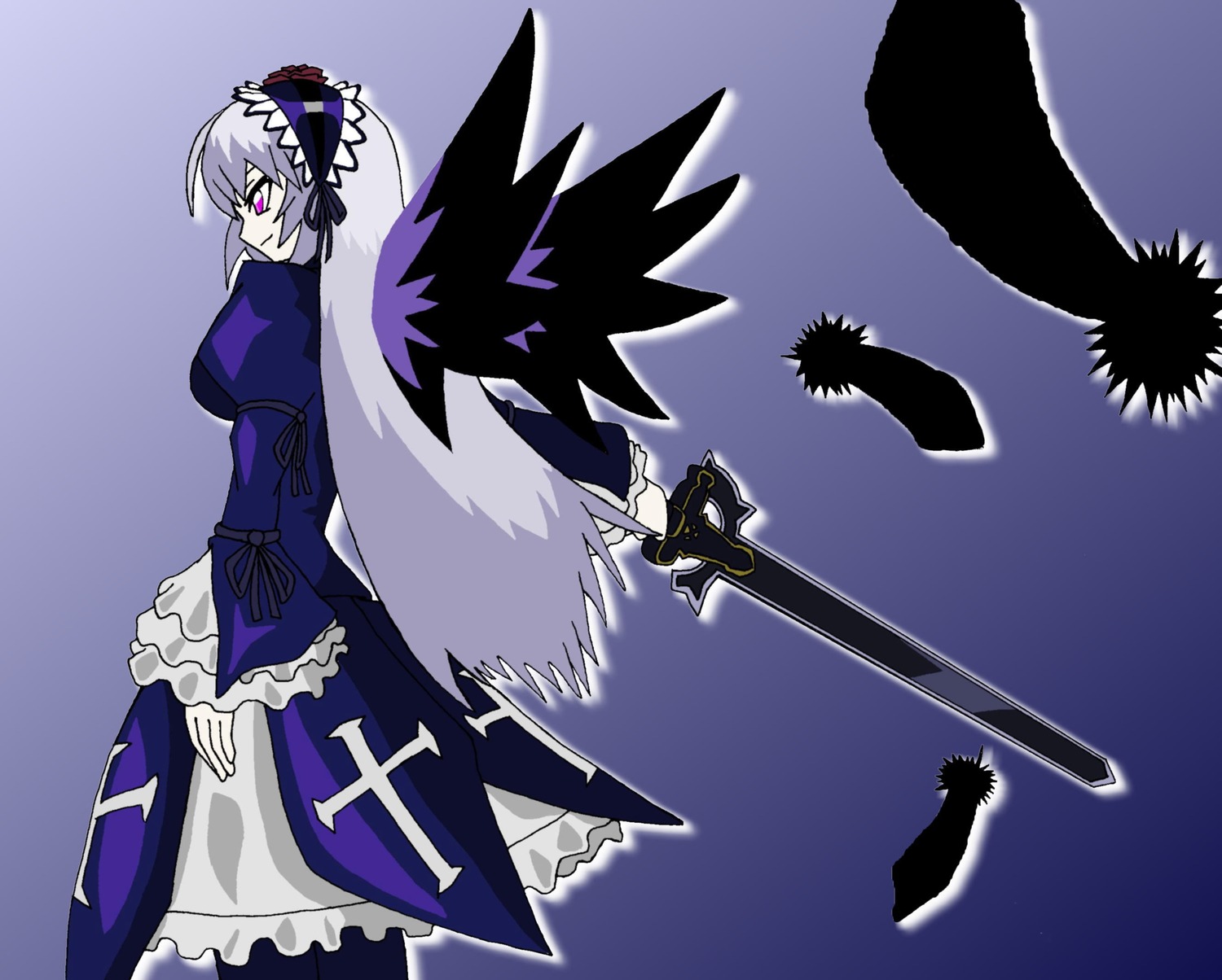 1girl dress feathers frilled_sleeves frills hairband image long_hair long_sleeves looking_back pink_eyes silver_hair solo standing suigintou sword very_long_hair weapon wings