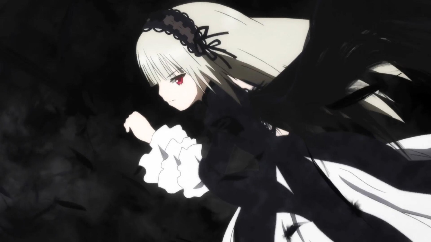 1girl black_dress black_ribbon black_wings closed_mouth dress frilled_sleeves frills hairband image long_hair long_sleeves red_eyes ribbon silver_hair solo suigintou very_long_hair wings