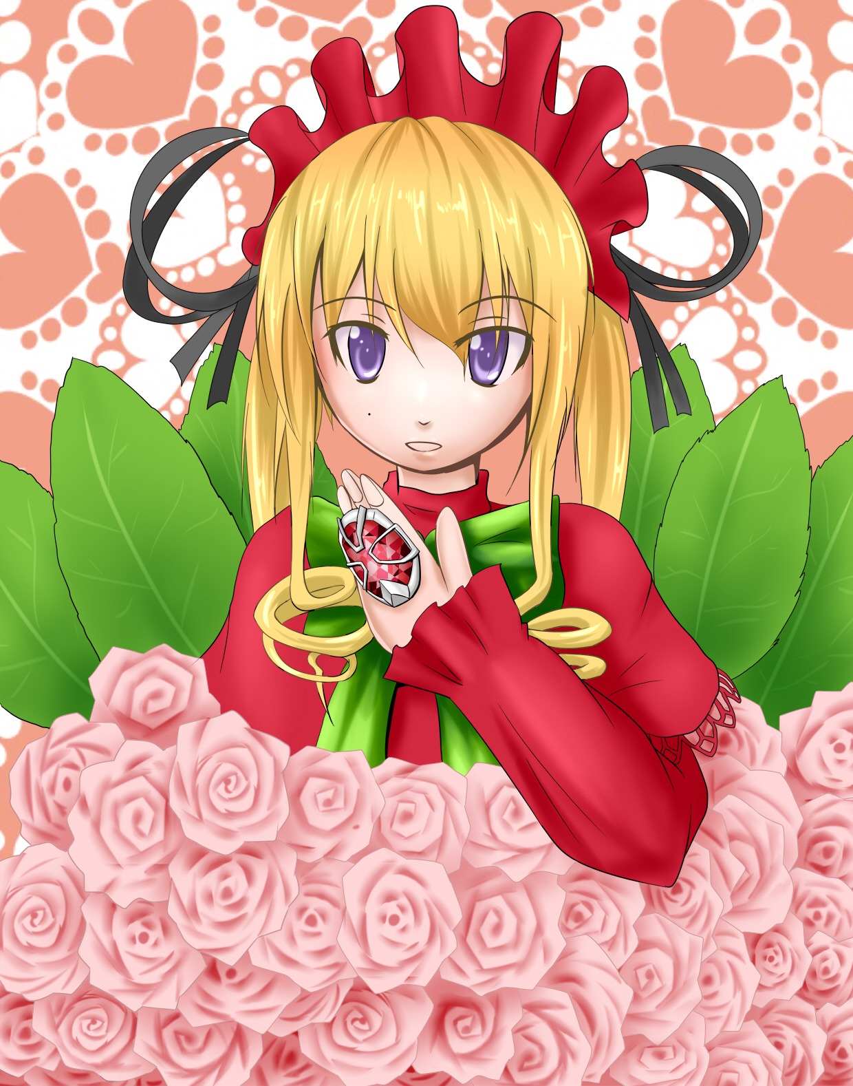 1girl blonde_hair bouquet dress flower heart heart_background image long_hair long_sleeves looking_at_viewer pink_flower pink_rose polka_dot polka_dot_background purple_eyes red_flower red_rose rose shinku solo valentine white_rose yellow_rose