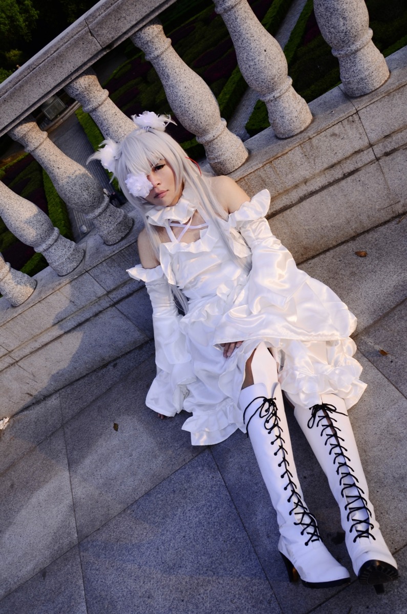 1girl boots cross-laced_footwear detached_sleeves dress flower hair_ornament kirakishou knee_boots sitting solo tiles white_dress white_footwear white_hair