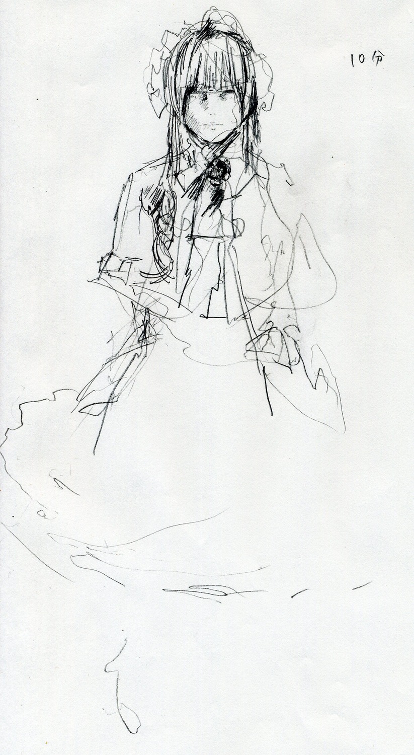 1girl dress frills greyscale image long_hair long_sleeves monochrome shinku sketch solo