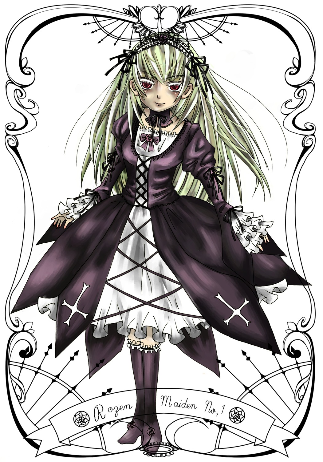 1girl dress frills image joints long_hair long_sleeves looking_at_viewer red_eyes ribbon solo standing suigintou