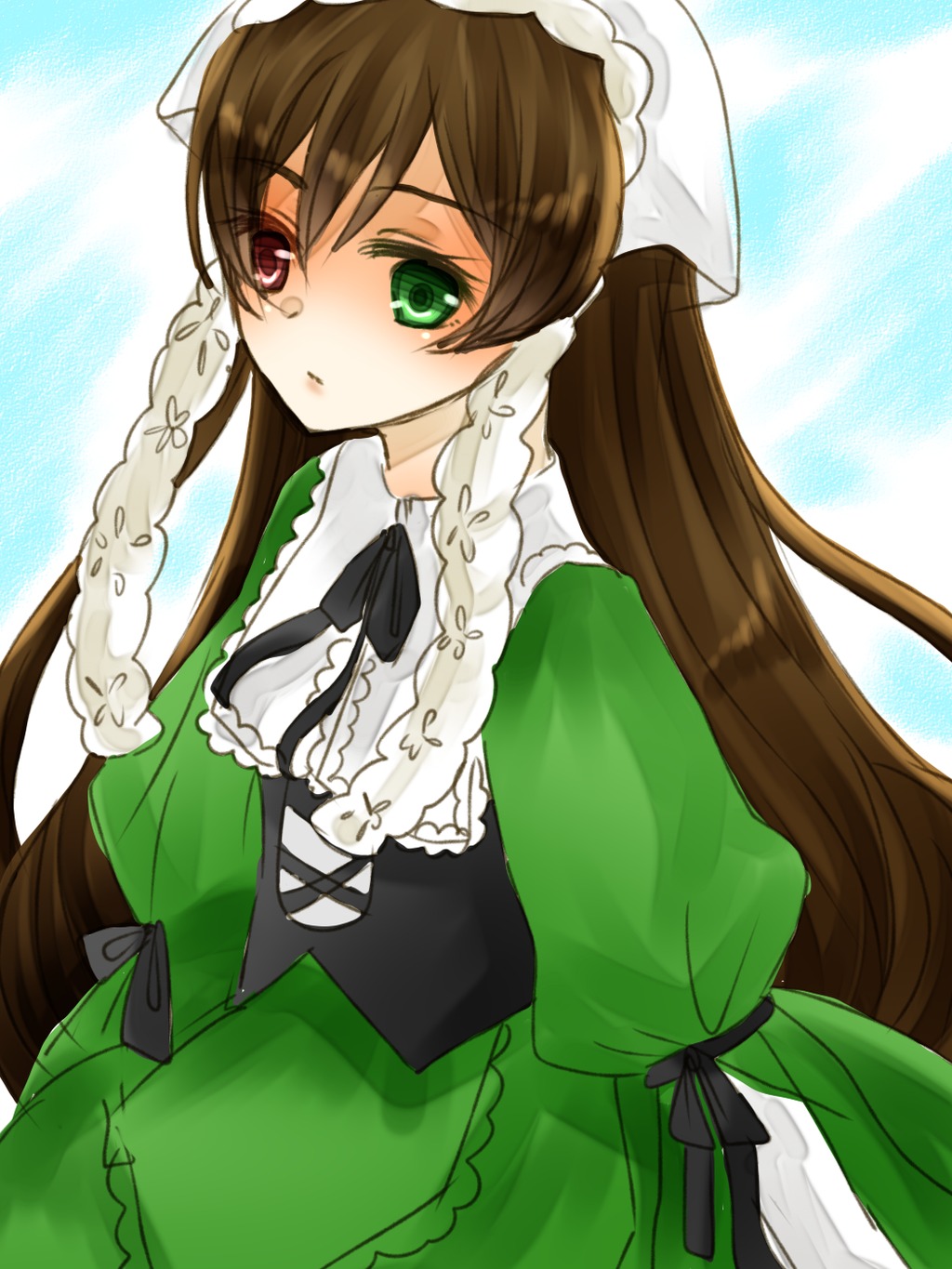 1girl black_ribbon brown_hair dress frills green_dress green_eyes hat head_scarf heterochromia image long_hair long_sleeves looking_at_viewer red_eyes ribbon solo suiseiseki very_long_hair