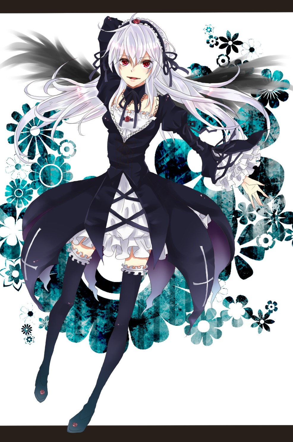 1girl black_legwear black_wings boots dress flower frills hairband image lolita_hairband long_hair long_sleeves red_eyes ribbon silver_hair solo suigintou thighhighs wings