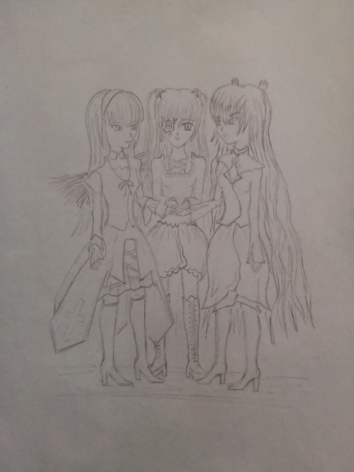 3girls boots dress full_body greyscale hair_ornament hairband image long_hair long_sleeves looking_at_viewer monochrome multiple multiple_girls standing tagme traditional_media very_long_hair