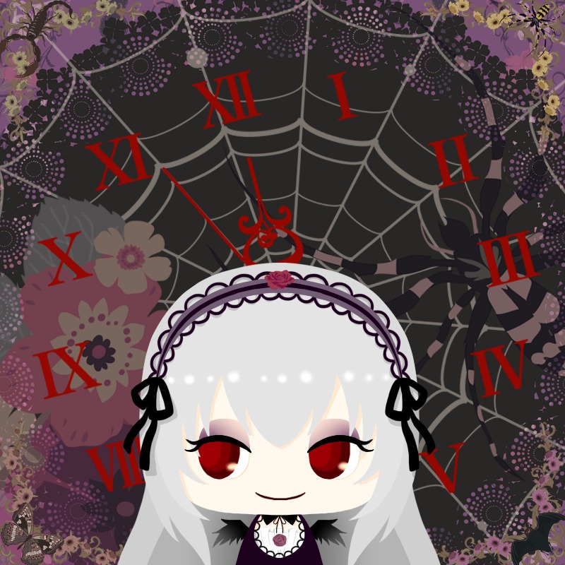 1girl bangs black_dress black_wings chibi dress flower frills hairband image long_hair long_sleeves looking_at_viewer red_eyes ribbon silver_hair smile solo suigintou wings