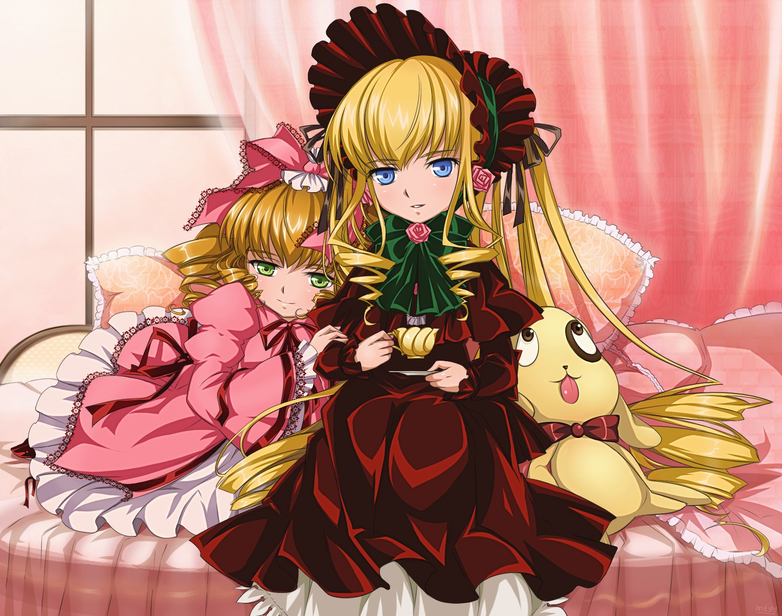 2girls blonde_hair blue_eyes bonnet bow commentary_request curtains dress drill_hair frills green_eyes hair_ribbon highres hina_ichigo hinaichigo image kunkun long_hair long_sleeves looking_at_viewer mtyy multiple_girls pair photoshop_(medium) pillow pink_bow pink_dress red_dress ribbon rozen_maiden shinku sitting twintails very_long_hair