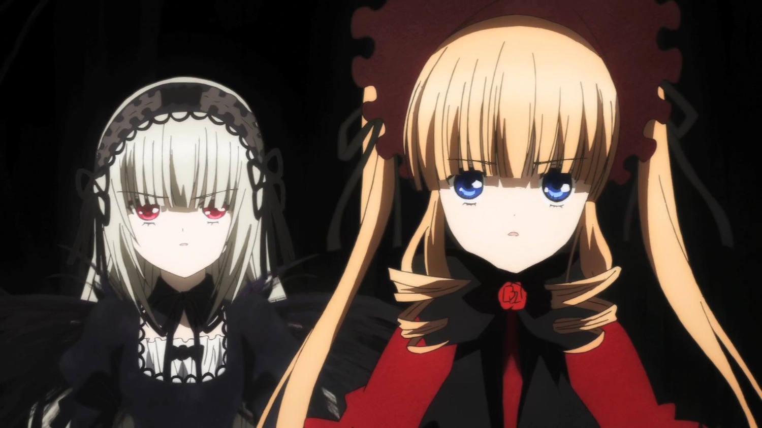 2girls blonde_hair blue_eyes bonnet bow bowtie dress drill_hair flower hairband image long_hair looking_at_viewer multiple_girls pair rose shinku silver_hair suigintou