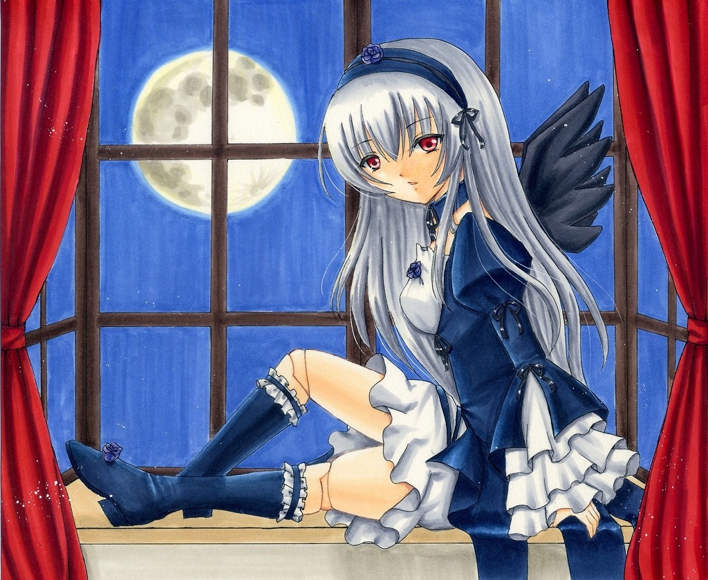 1girl boots curtains dress frills full_moon hairband image indoors knee_boots kneehighs long_hair long_sleeves looking_at_viewer marker_(medium) moon night red_eyes sitting sky solo suigintou traditional_media window
