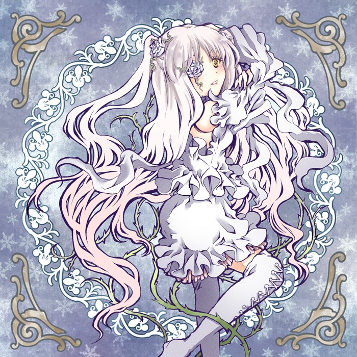 1girl ai_(creamcaramel) boots commentary_request dress eyepatch flower flower_over_eye frills hair_flower hair_ornament image kirakishou long_hair rose rozen_maiden silver_hair smile solo standing thigh_boots thighhighs twintails very_long_hair vines white_flower white_hair white_rose yellow_eyes zettai_ryouiki