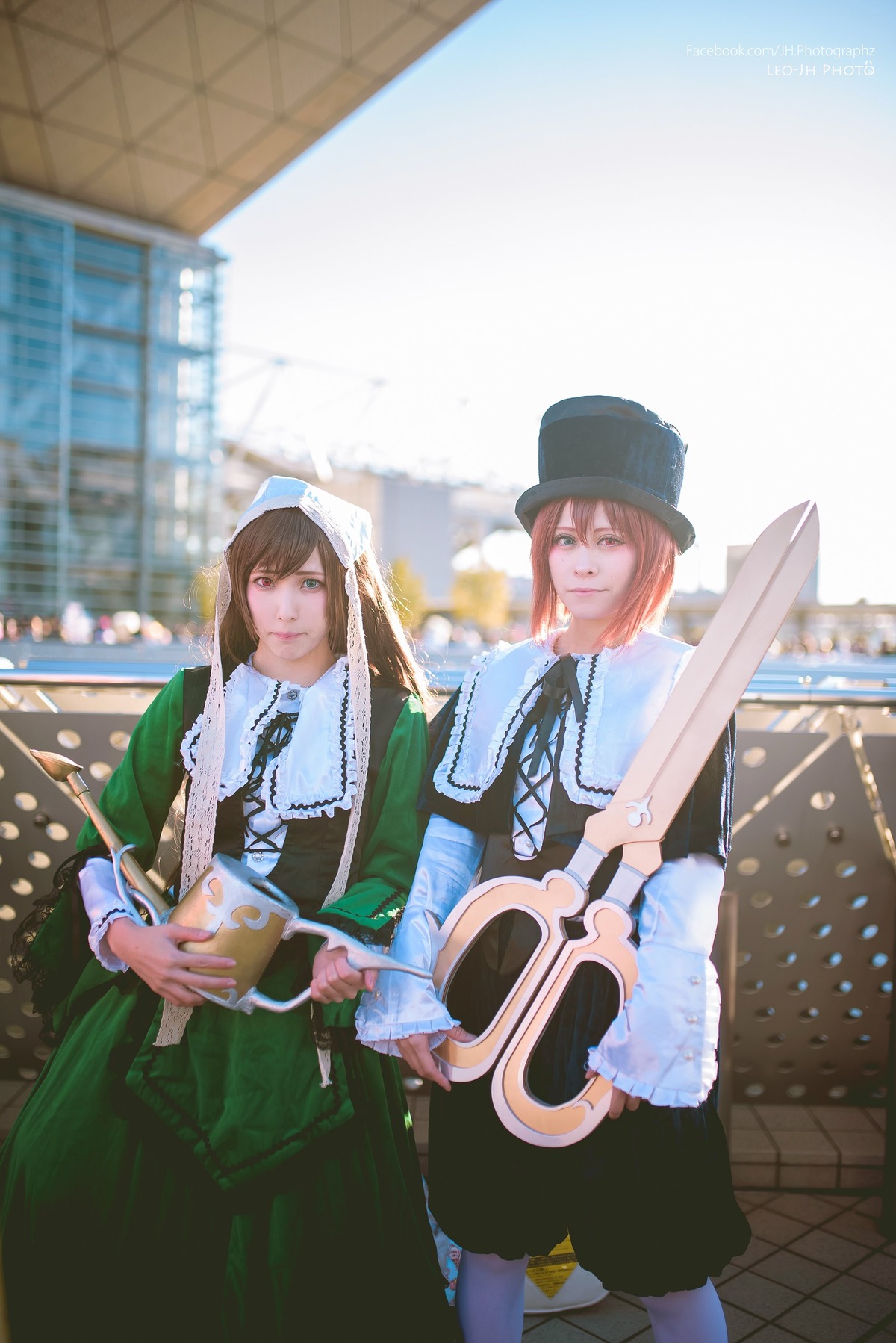 2girls blonde_hair blurry brown_hair depth_of_field dress green_dress green_eyes hat instrument long_hair multiple_cosplay multiple_girls pantyhose short_hair tagme