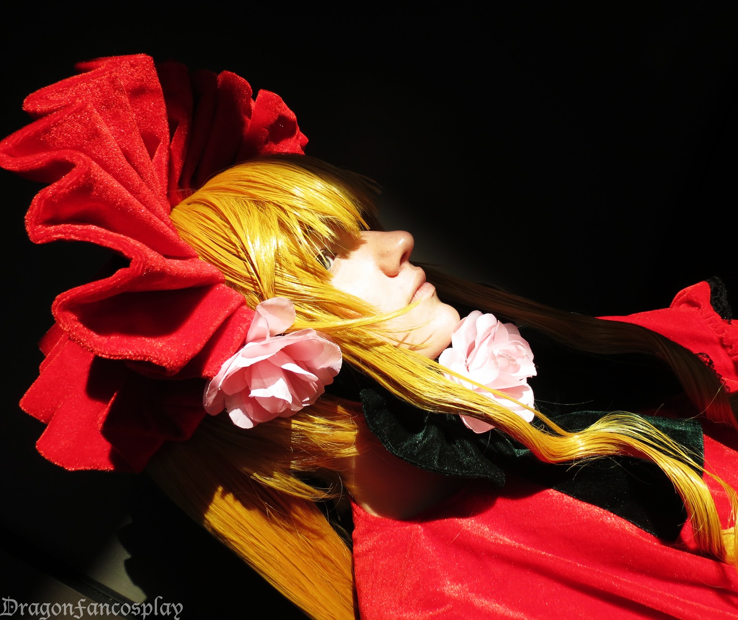 1girl black_background blonde_hair bow flower lips long_hair profile rose shinku solo