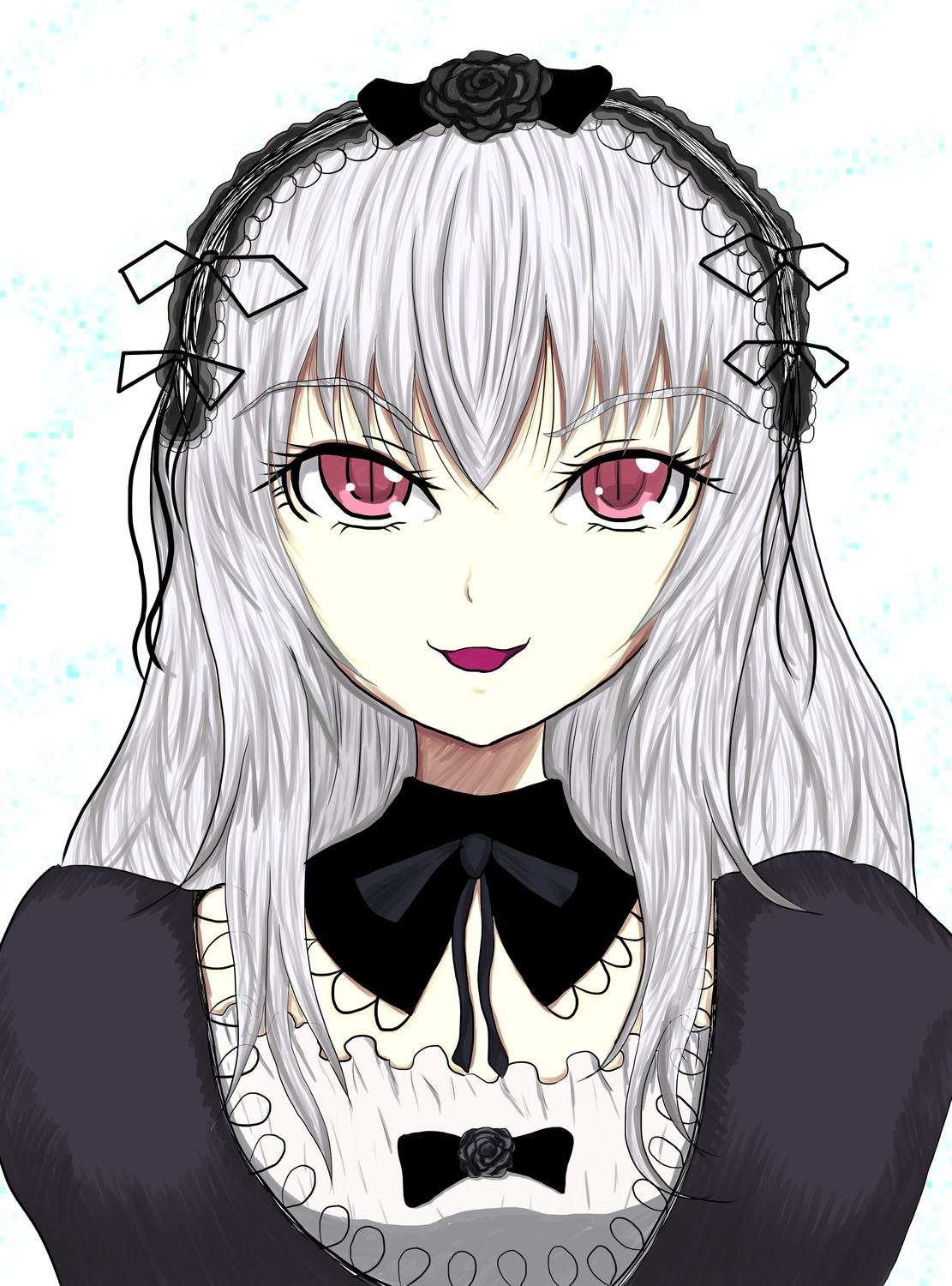 1girl black_bow bow detached_collar dress flower hairband image long_hair looking_at_viewer pink_eyes puffy_sleeves rose silver_hair smile solo suigintou upper_body