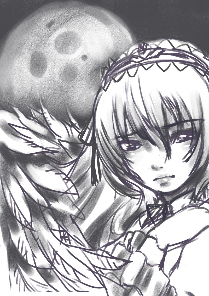 1girl auto_tagged full_moon greyscale image looking_at_viewer monochrome moon ribbon short_hair solo suigintou wings