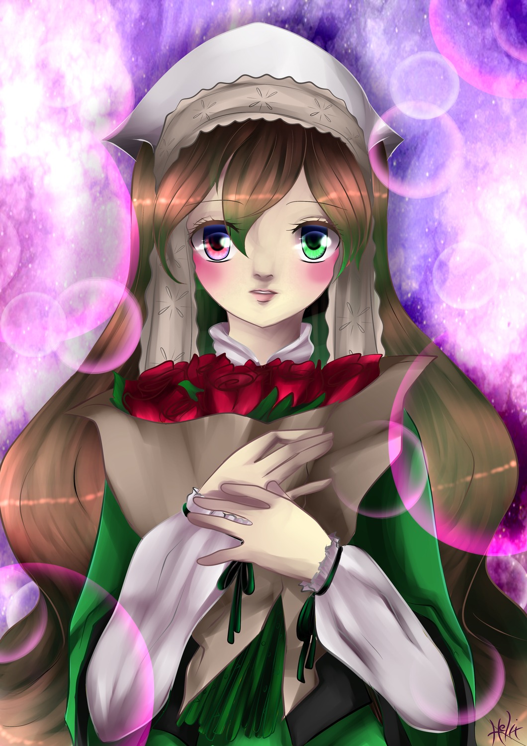 1girl brown_hair dress flower frills green_dress green_eyes heterochromia image long_hair long_sleeves looking_at_viewer own_hands_together red_eyes red_flower red_rose rose signature solo suiseiseki upper_body very_long_hair