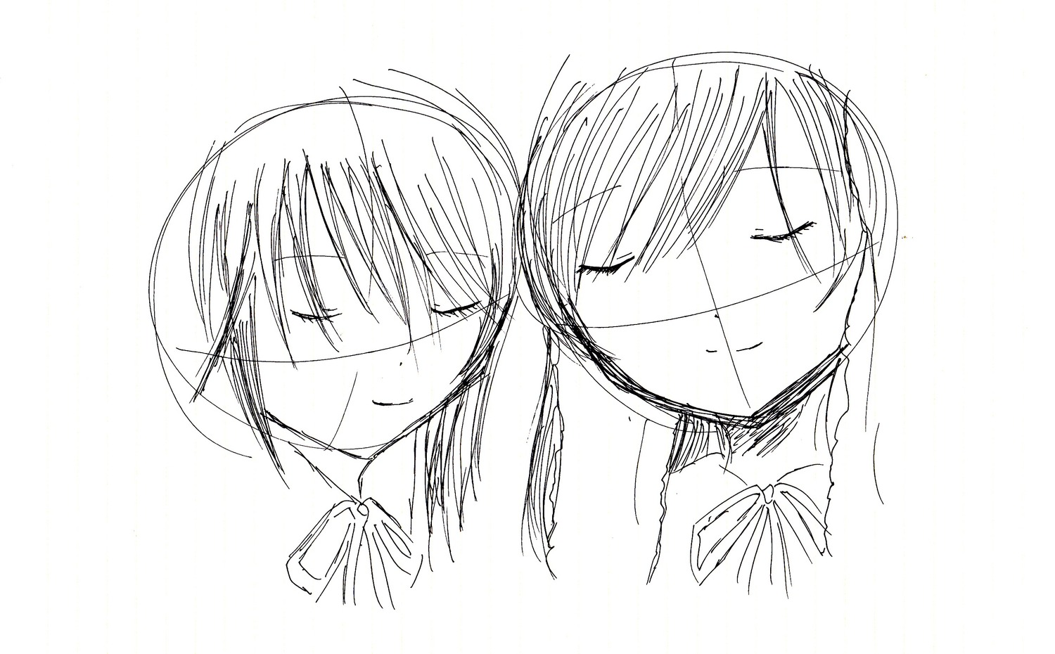 2girls closed_eyes greyscale image monochrome multiple_girls pair ribbon short_hair sketch smile souseiseki striped suiseiseki tomoe_mami white_background