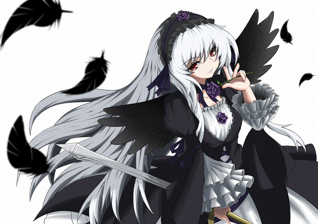 1girl black_feathers black_wings commentary_request dress feathered_wings feathers flower frilled_sleeves frills gothic_lolita hairband holding image lolita_fashion long_hair long_sleeves looking_at_viewer pov0178 purple_eyes purple_flower purple_rose red_eyes rose rozen_maiden silver_hair smile solo suigintou sword very_long_hair weapon white_hair wings