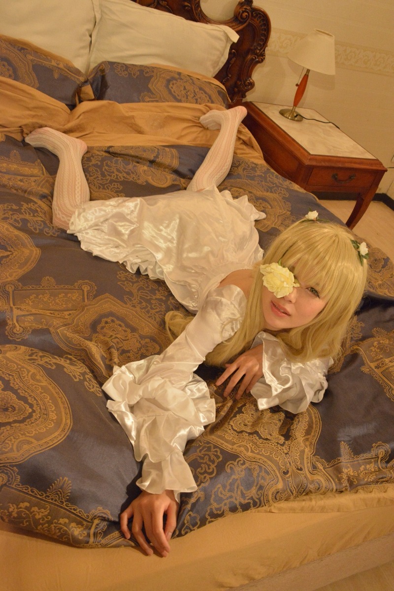 1girl blonde_hair dress flower indoors kirakishou lace lace-trimmed_dress lips realistic sitting solo white_dress