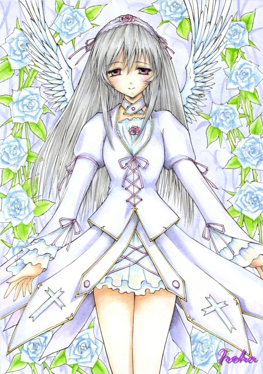 1girl blue_flower blue_rose choker colored_pencil_(medium) dress flower hairband image long_hair long_sleeves marker_(medium) purple_rose rose solo suigintou traditional_media watercolor_(medium) white_flower white_rose wings