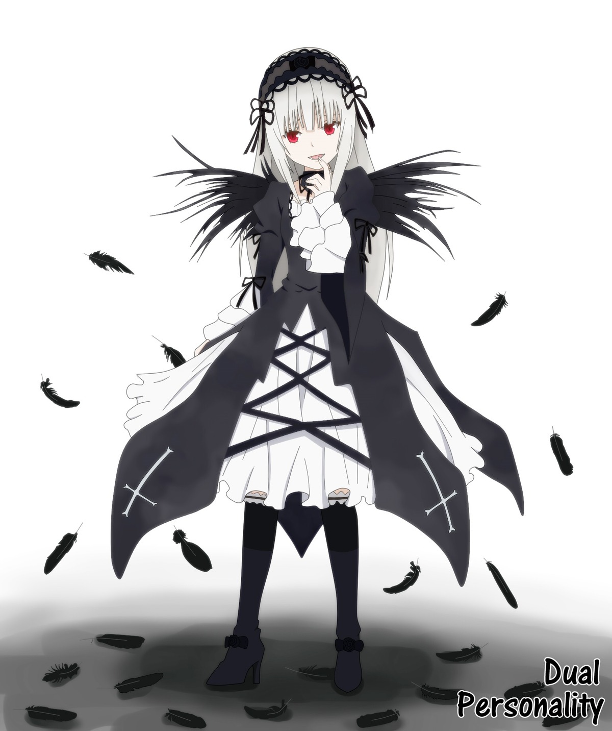 1girl black_dress black_feathers black_wings boots dress feathers flower frills full_body hairband image lolita_hairband long_hair long_sleeves looking_at_viewer red_eyes silver_hair solo standing suigintou white_background wings