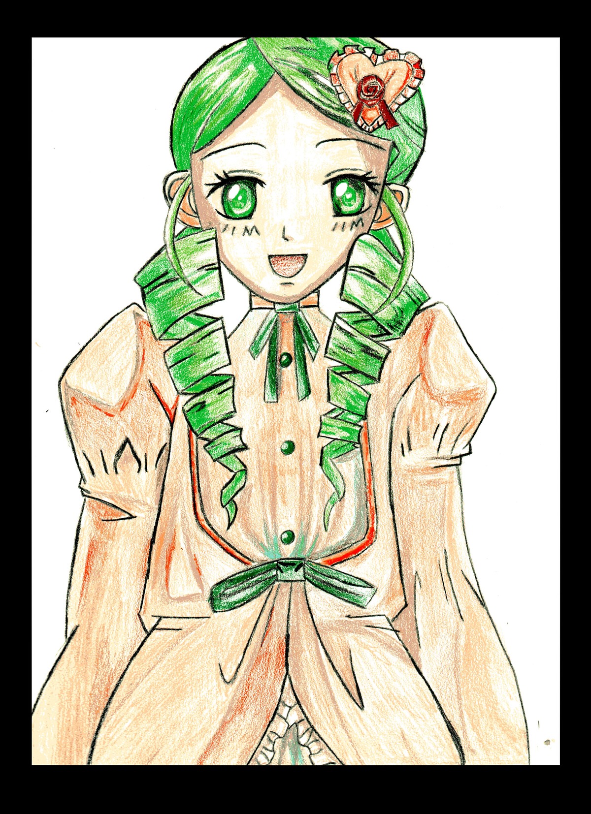 1girl :d black_border border colored_pencil_(medium) dress drill_hair green_eyes green_hair image kanaria letterboxed long_sleeves looking_at_viewer marker_(medium) neck_ribbon open_mouth pillarboxed ribbon simple_background smile solo traditional_media twin_drills upper_body white_background