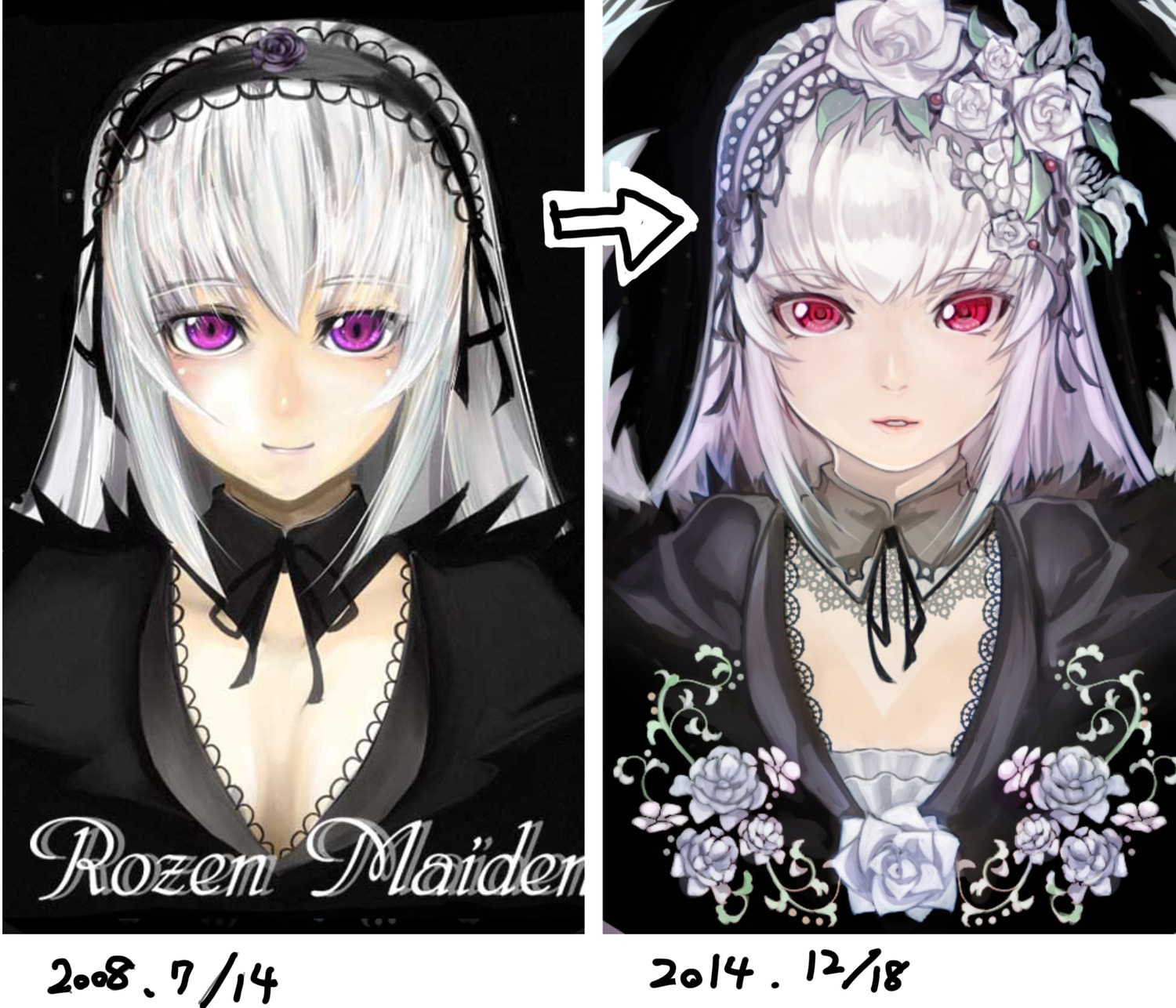 1girl cleavage flower hairband image looking_at_viewer red_eyes ribbon rose short_hair silver_hair smile solo suigintou variations white_flower white_rose