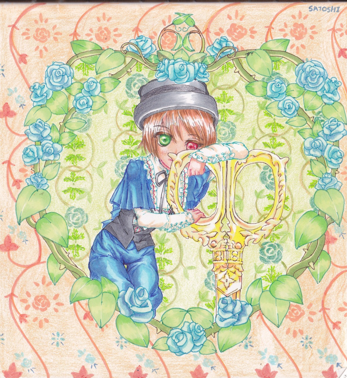 blue_flower blue_rose brown_hair capelet flower green_eyes hat heterochromia image looking_at_viewer pants red_eyes rose solo souseiseki suiseiseki vines