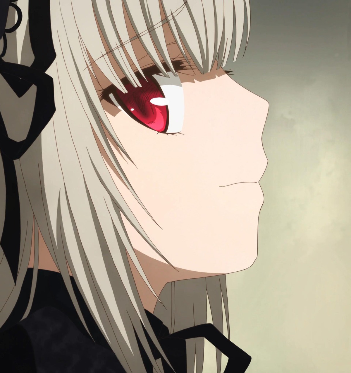 1girl auto_tagged bangs black_ribbon blush close-up face hair_ribbon image portrait profile red_eyes ribbon silver_hair simple_background solo suigintou