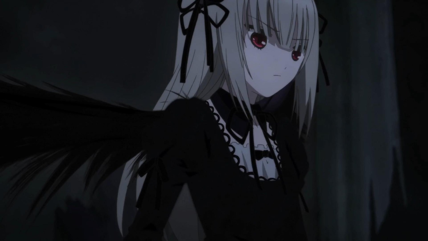 1girl bangs black_dress black_ribbon closed_mouth detached_collar dress expressionless eyebrows_visible_through_hair gothic_lolita hair_ribbon hairband image lolita_fashion long_hair long_sleeves red_eyes ribbon solo suigintou upper_body very_long_hair