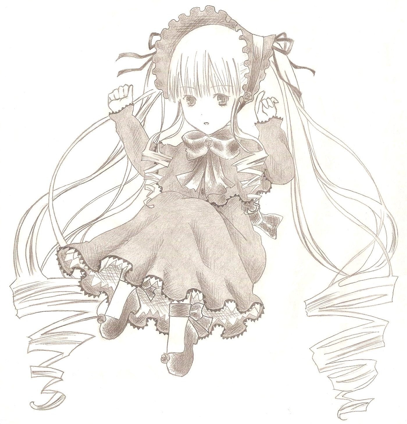 1girl bow bowtie dress drill_hair frills full_body image long_hair long_sleeves looking_at_viewer monochrome shinku solo twin_drills twintails very_long_hair