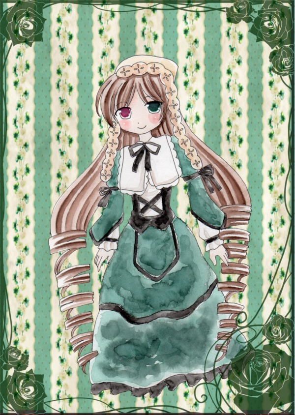 1girl blush brown_hair dress drill_hair flower frills green_dress green_eyes hat head_scarf heterochromia image long_hair long_sleeves looking_at_viewer pink_rose red_eyes rose smile solo standing suiseiseki twin_drills twintails very_long_hair vines watering_can