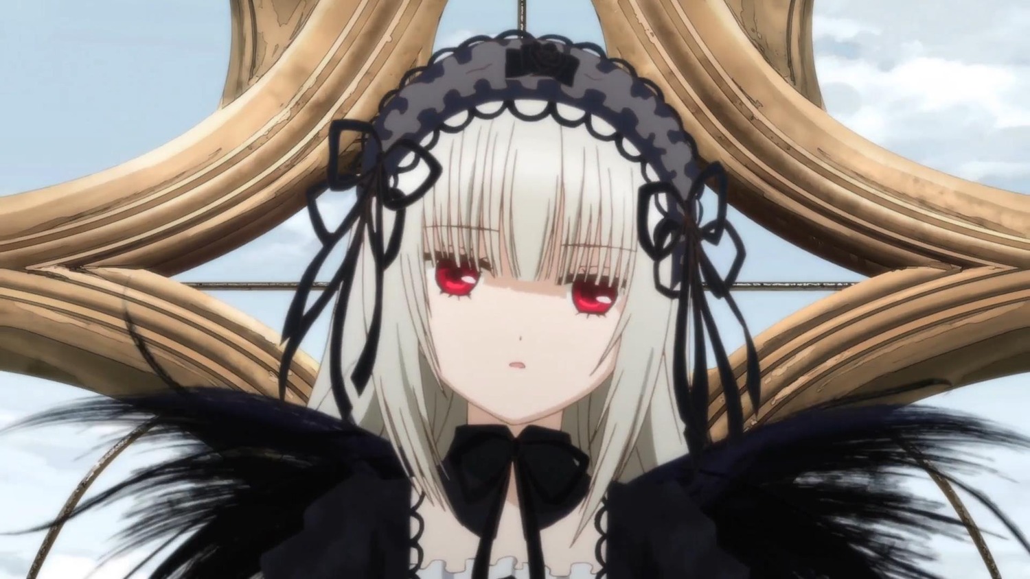 1girl bangs black_dress black_ribbon black_wings detached_collar dress eyebrows_visible_through_hair feathered_wings flower hairband image long_hair looking_at_viewer red_eyes ribbon silver_hair solo suigintou wings