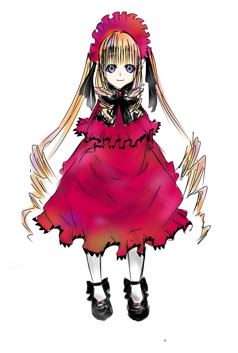 1girl blonde_hair blue_eyes bonnet bow bowtie dress full_body image long_hair long_sleeves looking_at_viewer red_dress shinku shoes simple_background solo standing twintails very_long_hair white_background