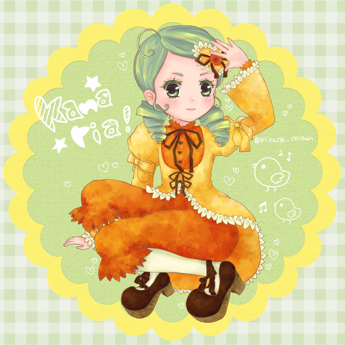 1girl argyle checkered dress drill_hair full_body green_eyes green_hair heart image kanaria long_sleeves pantyhose plaid plaid_background smile solo twin_drills