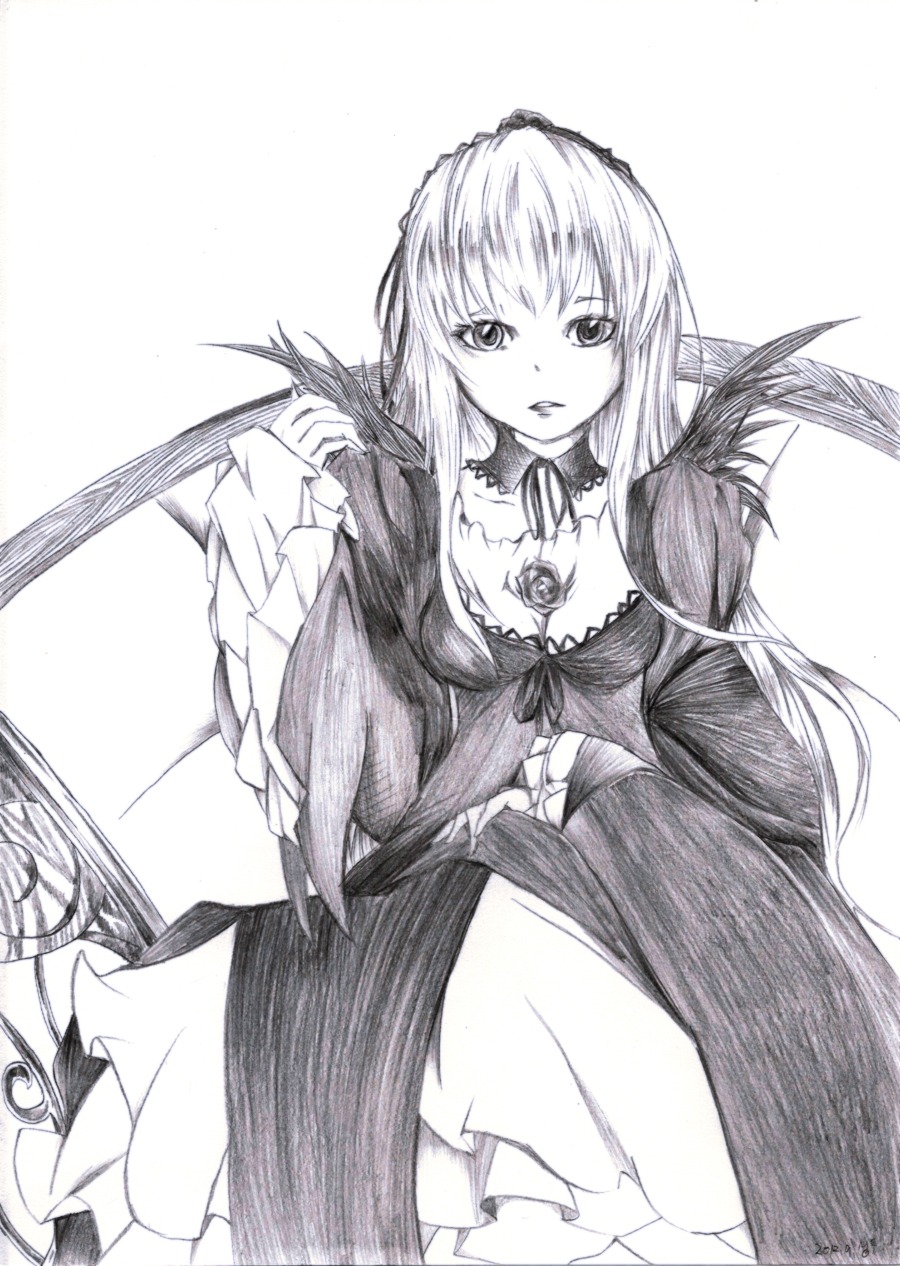 1girl breasts choker cleavage detached_collar dress frills greyscale image long_hair long_sleeves looking_at_viewer medium_breasts monochrome solo suigintou traditional_media very_long_hair wide_sleeves