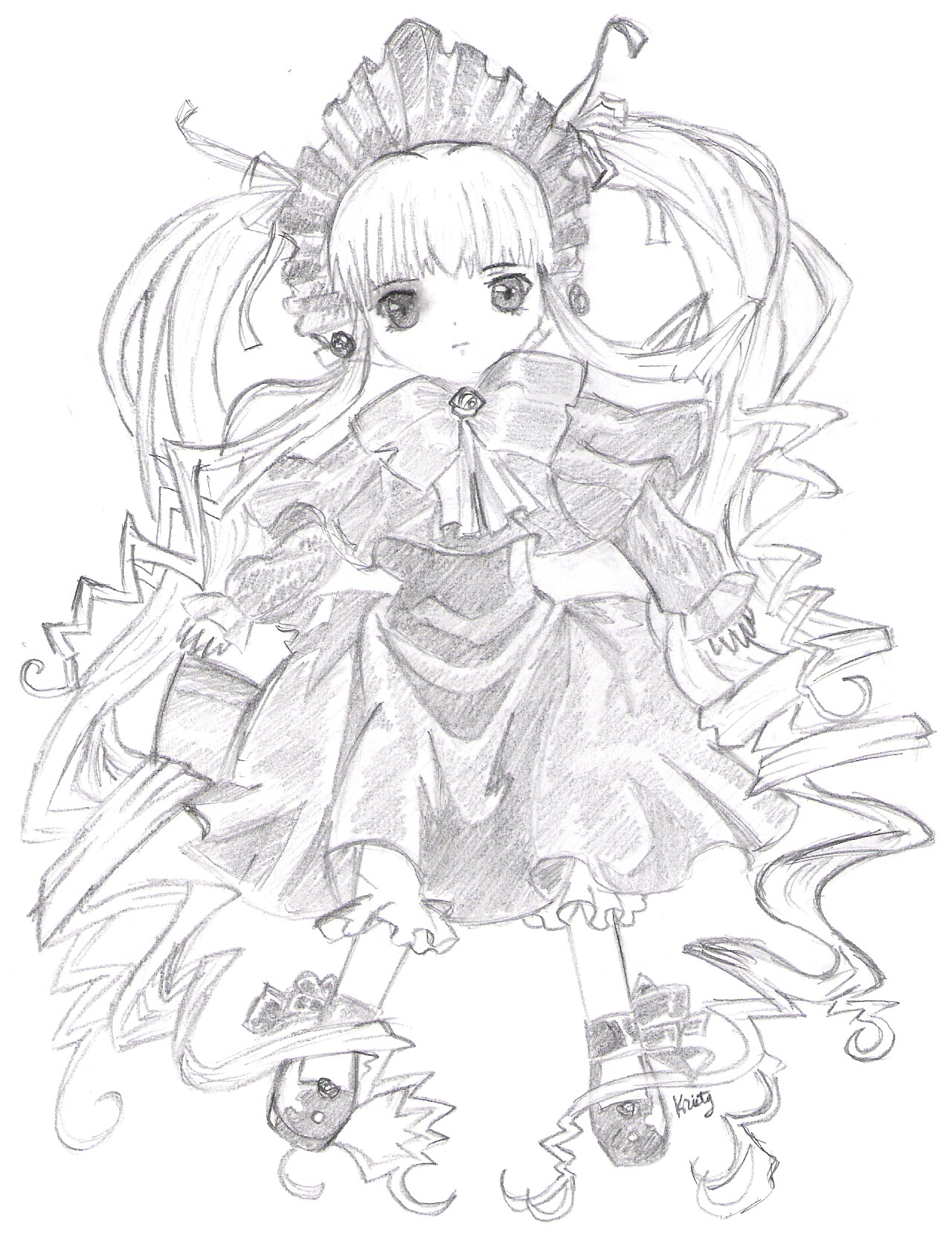 1girl bonnet bow bowtie capelet dress drill_hair full_body greyscale image long_hair long_sleeves looking_at_viewer monochrome shinku solo standing twin_drills twintails very_long_hair