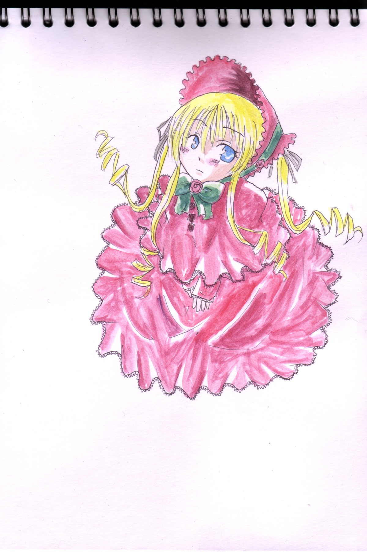 1girl blonde_hair blue_eyes blush bonnet bow bowtie dress drill_hair full_body hat image long_hair long_sleeves looking_at_viewer red_dress shinku solo standing twin_drills twintails